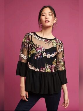 Eri + Ali Anthropologie Black Floral Embroidered Mesh Peplum Top Blouse Size S